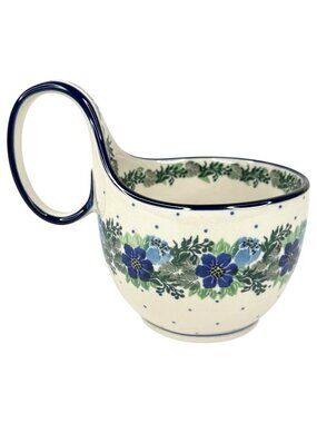 Boleslawiec Ceramika Art‎ Polish Pottery Bowl With Loop Handle Blue Floral Soup